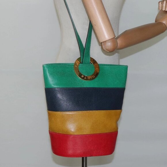 CELINE Shoulder Bag Leather Embossed Green Yellow Red Auth BA973 - Picture 3 of 16